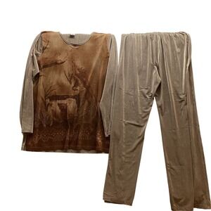 C.O.C USA Women's Lounge Set Deer Print Top Pants Taupe XL